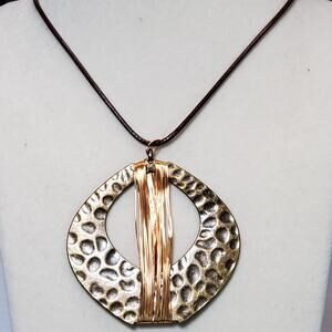 Round Thin Hammered Brass Copper Wire Wrapped Large Pendant 26" Unsigned